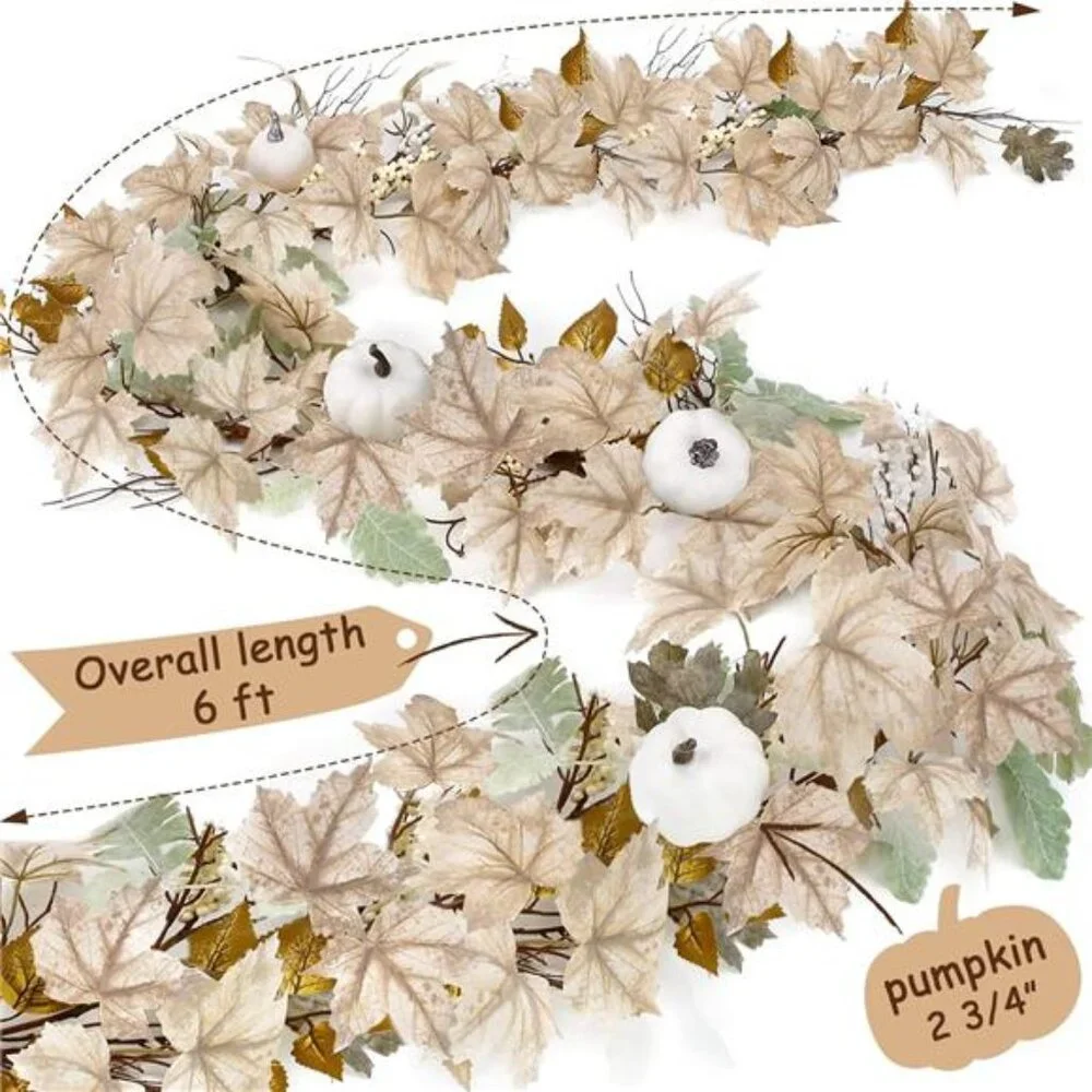Fall Decor Garland‎ - 6Ft Autumn Maples Leaf Pumpkin Berry Garland White Decor